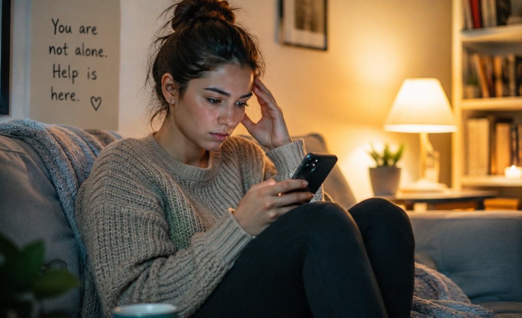 Young woman sitting on a couch and looking at her phone during a moment of emotional distress, with a nearby sign reading, “You are not alone. Help is here.”