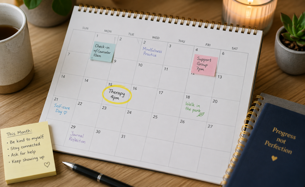 Monthly calendar showing recurring mental health supports, including counseling, a support group, mindfulness, and a therapy appointment highlighted in yellow.