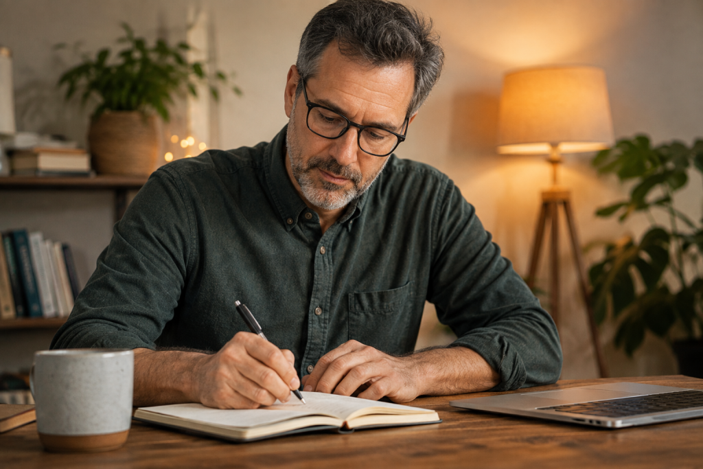 Middle-aged man sitting in a comfortable chair and writing thoughtfully in a journal at home.