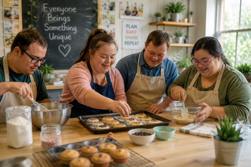 Four adults with Down syndrome collaborate on a baking project in a bright community kitchen, mixing batter and decorating cookies together.