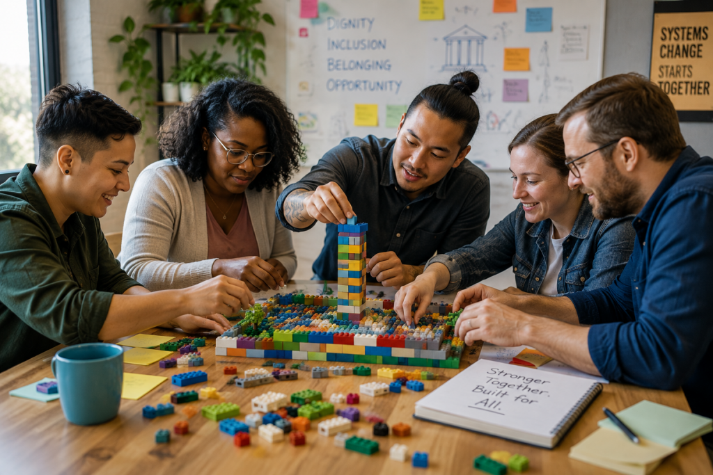 Five adults collaborate around a table, using colorful building blocks to construct a broad foundation and central tower in a bright workshop.