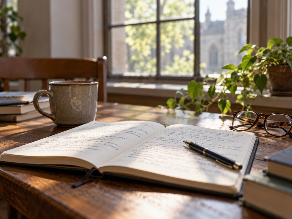 Open notebook filled with handwritten notes beside a pen, glasses, and coffee on a sunlit wooden table, suggesting reflection and lived experience as a source of knowledge.