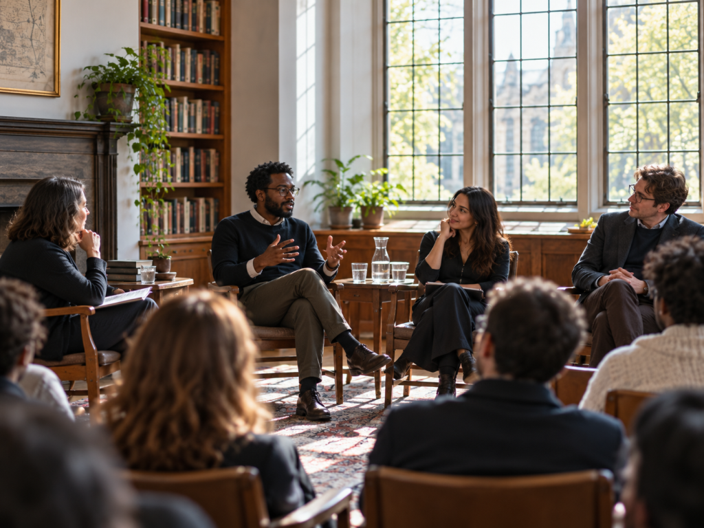 Small panel discussion in a sunlit academic setting, with speakers and audience members engaged in thoughtful conversation and exchange.